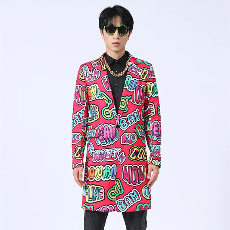 Personality Letter Printed Long Blazer Coat Male Singer Hip Hop Dancer Slim Middle Length Blazers Bar Stage Performance Costume Graffiti Tuxedo