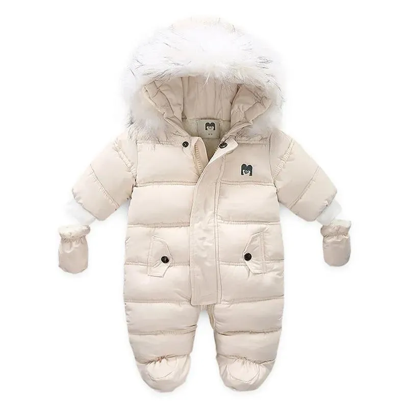 Manteau enfants hiver combinaison capuche en fourrure bébé fille garçon combinaison de neige russe hiver infantile vêtements d'extérieur Ovealls bébé épais barboteuses avec gants LJ