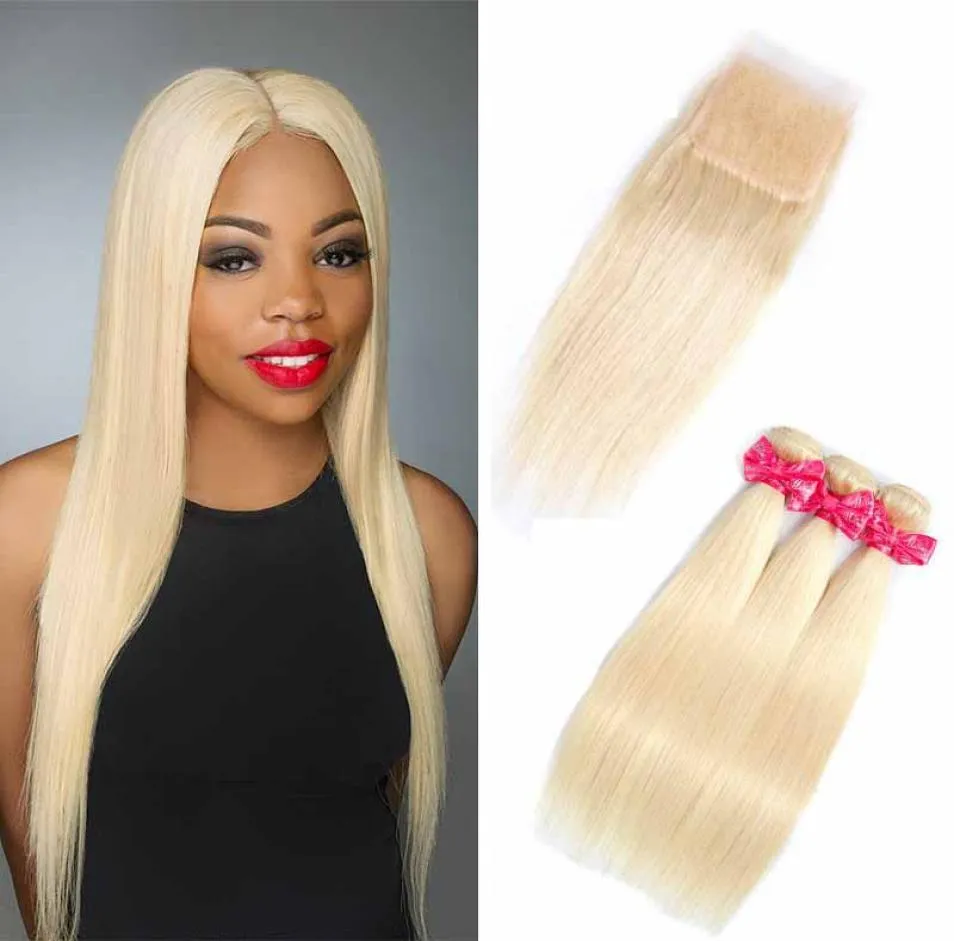 Brasilianska 613 Blond Virgin Hair 3 -buntar med spetsstängning Topp spetsstängning och buntar Silk Rak hårförlängning med spets 5024422