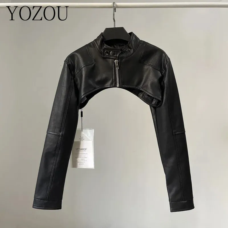 Yozou Pu Chic Vintage Black Faux Leather Zipper Zip Up Coat Biker Jacket Women Girls Smock Top Women High Street Bella Outfits 231229