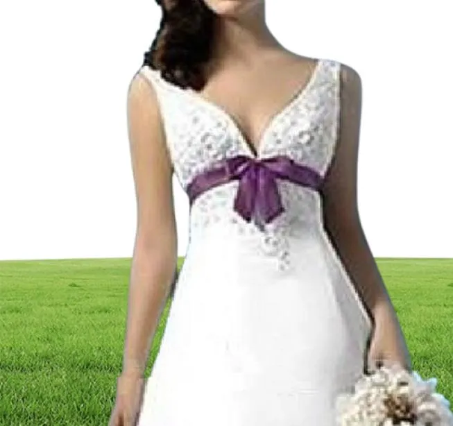 Plus Size White and Purple Wedding Dresses Empire Waist VNeck Beads Appliques Satin Sweep Train Bridal Gowns Custom Made 2019 3622351