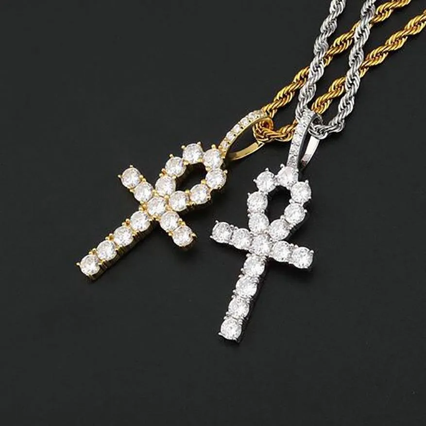 925 Sterling Silver Bling Out Ankh Cross Pendant 24 Rope Chain 7 6G Cubic Zirconia Hiphop Jewelry for Men Women242b