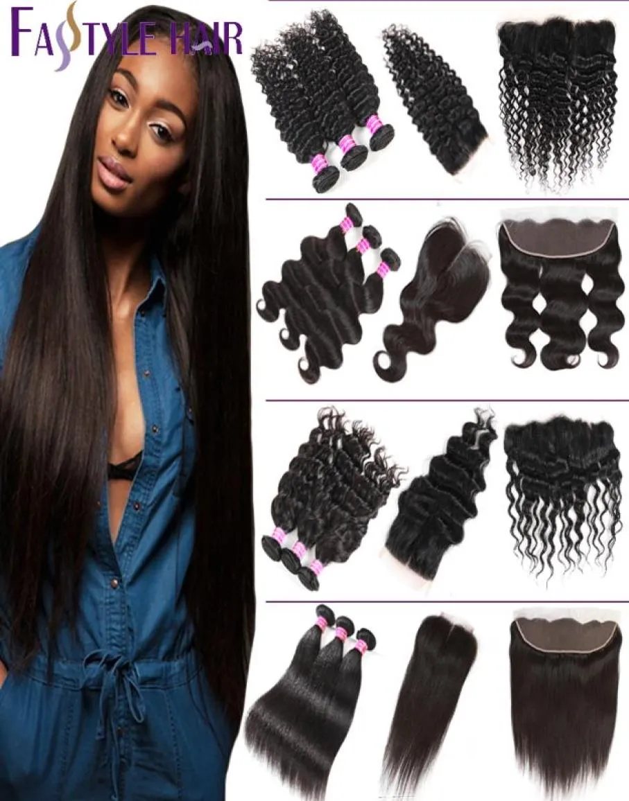 Brazilian Virgin Human Hair Bundles With Lace Closure Frontal Straight Deep Body Water Wave Kinky Curly Ear to Ear Extensions Weft5851632