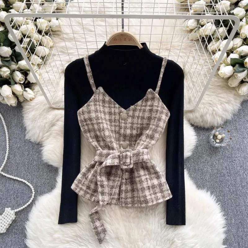 Women's Blouses Two Pieces Of Knitted Dresses Suits Women O-neck Long Sleeve Spaghetti Strap Plaid Lapel Single Skinny Autumn Camis Dropship