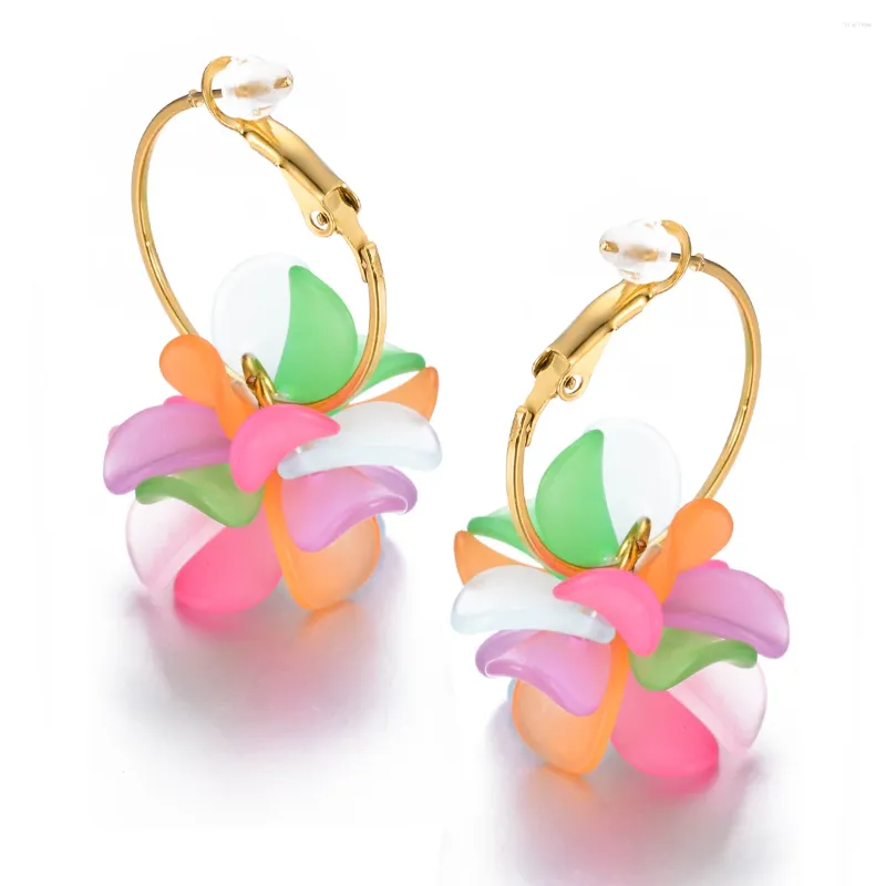 Boucles d'oreilles créoles de styliste, fleurs acryliques colorées, rondes en acier inoxydable pour femmes, bijoux d'oreille floraux d'été