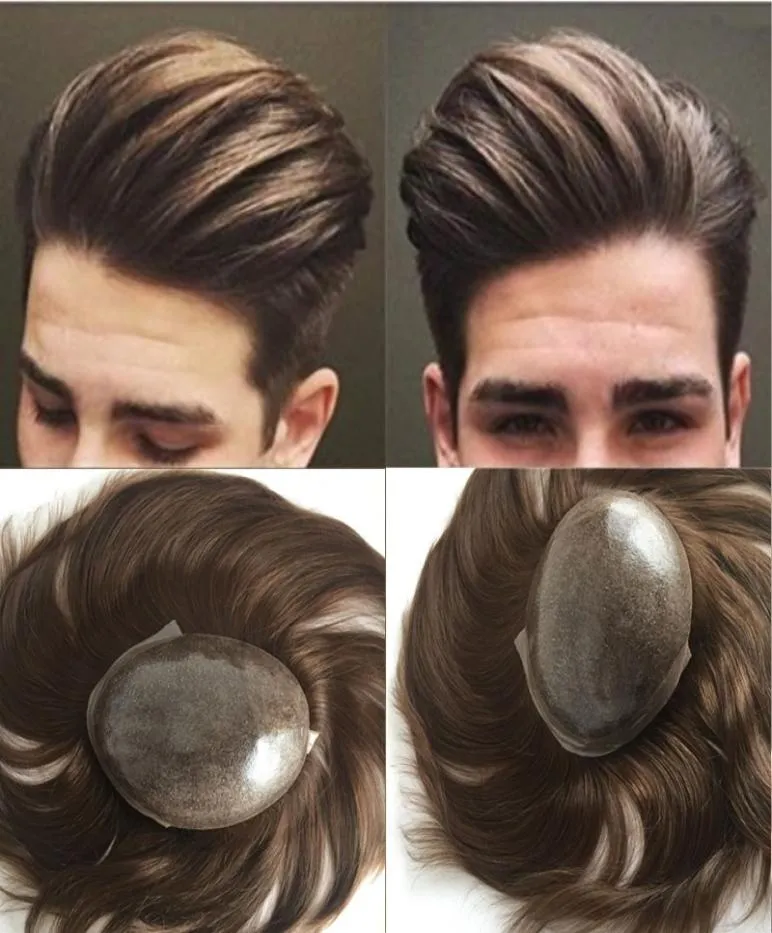 European Natural Hair Toupee Brown Human Hair Men Toupee Full Skin Pu Toupee Hairpieces Replacement System 7x9 inch Straight Men W1130644