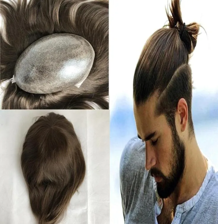 茶色の人間の髪の男性TOUPEEEヨーロッパの自然な髪の男性のためのフルスキンプープーグヘアピース交換システムストレートメンhai6609271