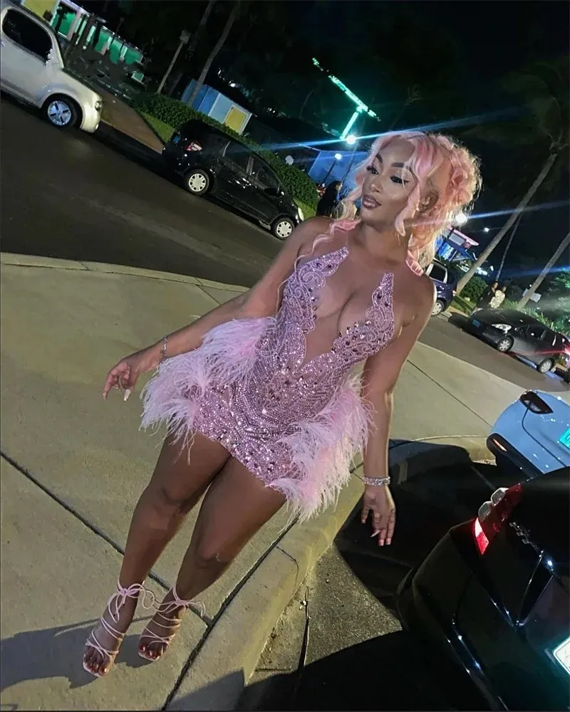 Sparkly Pink Mermaid Short Prom Dress 2024 Glitter Bead Crystals