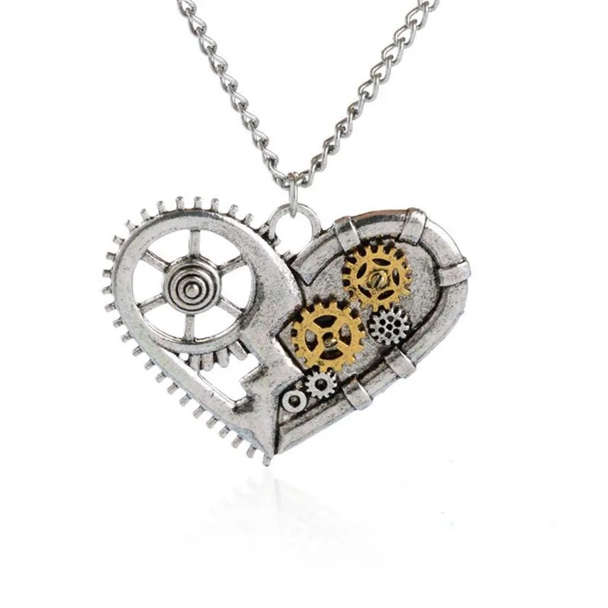 Vintage Silver Heart Pendant Chain Steampunk Necklace For Women Girls Crystal Key butterfly Bee Charm Steam Punk Jewelry308L