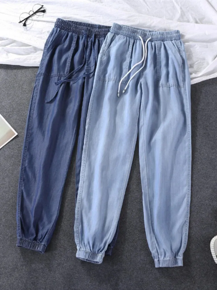 Frauen Hosen Sommer 2023 LOSE Laceup Dünne Hohe Elastische Frau Jeans Oversize Hosen Weiche Kühle Weibliche Casual Denim 240102