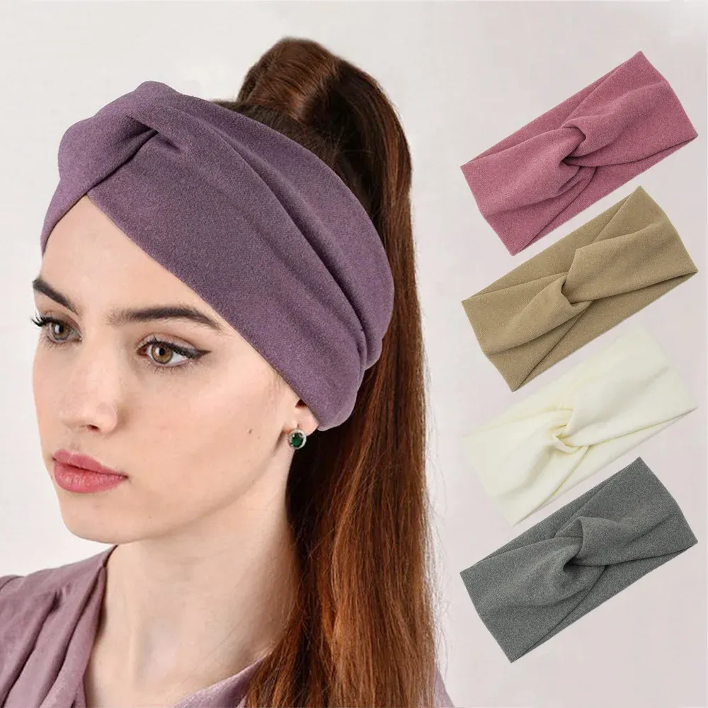 Autumn Winter Fashion Kvinnor Pannband Solid Color Cross Knot Hårband Bred huvudtäcket Ear varmare hårtillbehör Yoga headwrap