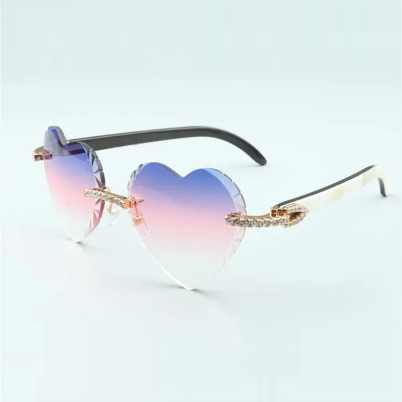 Venta directa nuevas gafas de sol con lentes de corte en forma de corazón y diamantes 8300687 patillas de cuerno de búfalo híbrido negro blanco natural tamaño 58-18-140 mm