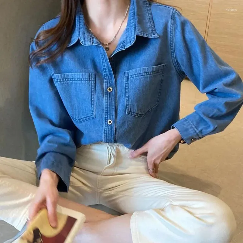 Kadın bluzları mavi denim gömlek kadınlar 2024 Sonbahar tek göğüslü kot pantolon gevşek moda yaka kovboy blusas