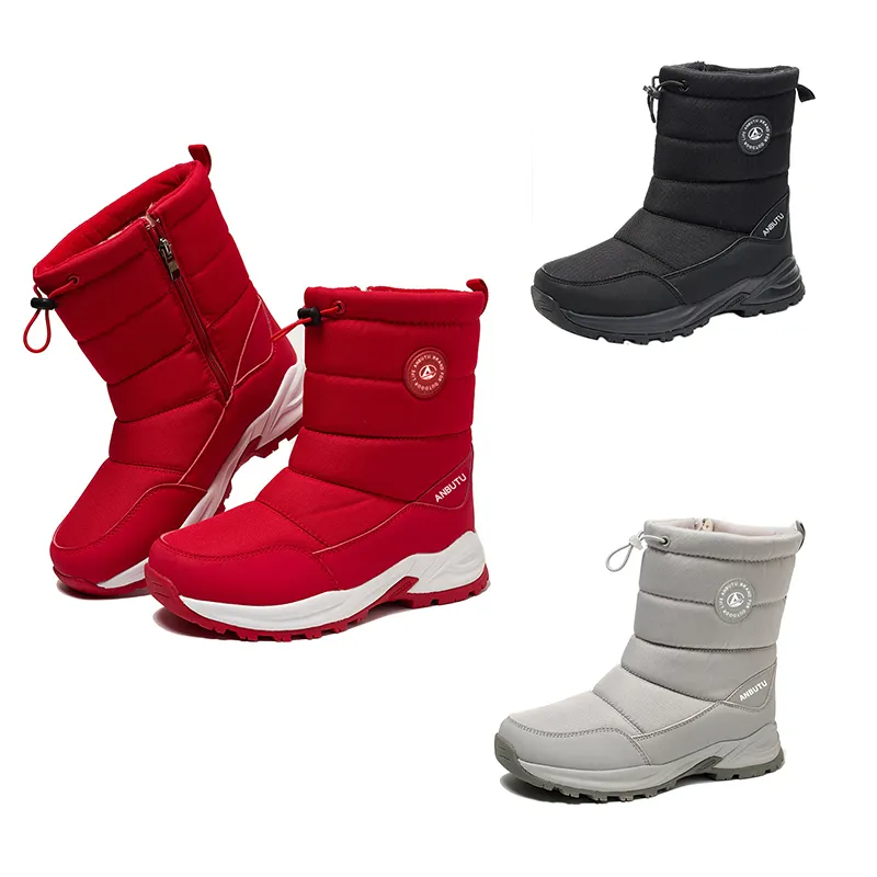 Bottes de neige mi-hautes pour hommes et femmes, chaussures chaudes en coton, rouge, noir, gris, baskets de sport de plein air