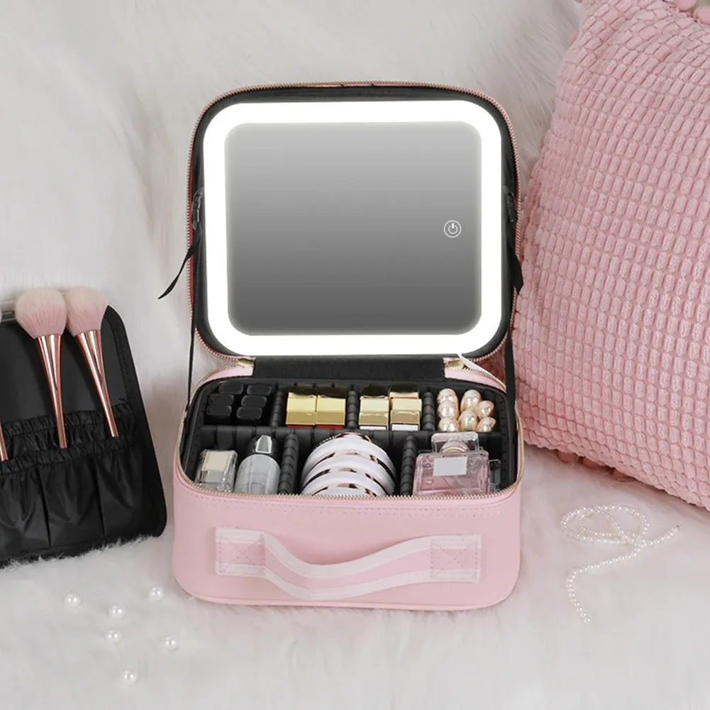 SMART LED Makeup Bag With Mirror Lights Travel Makeup Bags Stora kapacitet Professionell kosmetisk fodral f r Women Travel Beauty Kit 240102