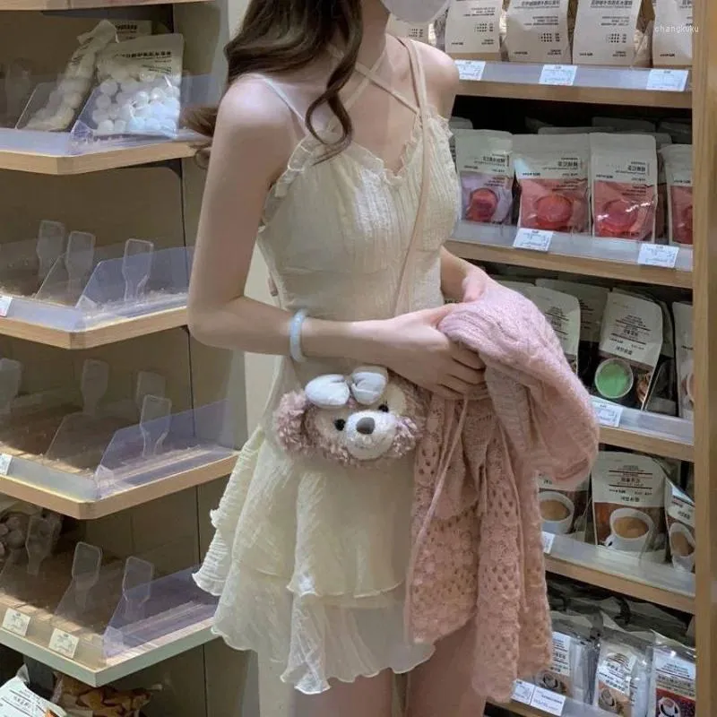 Casual Dresses Deeptown Korean Style Fairycore Beige Mini Dress Women Y2K One Piece Tunic Halter Sweet Ruffle Lolita Vestidos Summer