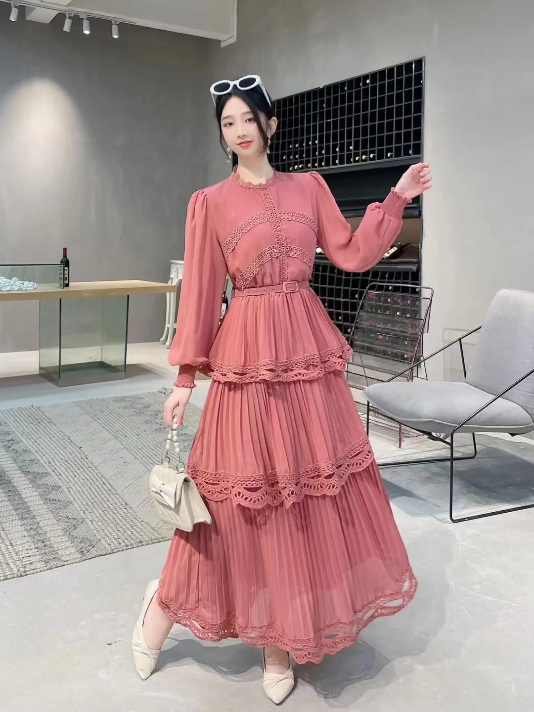 Ny Elegant Long Dress Woman Lantern Sleeve Ruffles Chiffon Patchwork Runway Vestidos Lady Party Maxi Dress Female Spring 210325