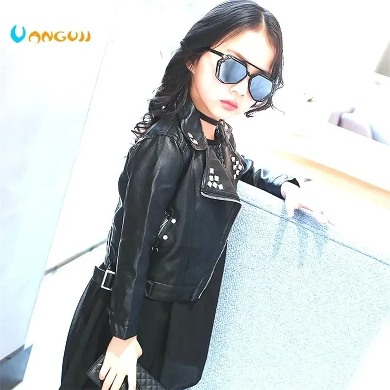 Coat girls spring jacket 27 years old girls jackets fashion PU jacket lapel coat Metal rivets motorcycle leather belt kids jackets LJ2