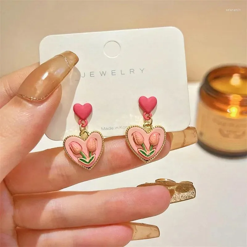 Boucles d'oreilles mode mignon rose tulipe goujons coeur goutte boucle d'oreille femmes dame anniversaire cadeaux de noël