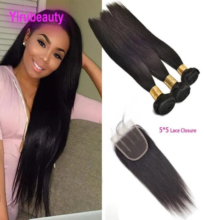 Brazilian 100 Unprocessed Human Hair 3 Bundles With 5X5 Lace Closure Silky Straight Virgin Hair Baby Hairs 1028inch Bundle4316119