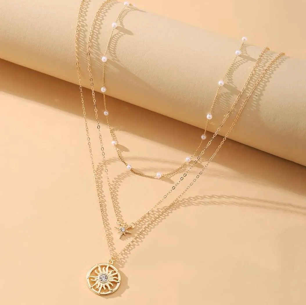 Łańcuchy vintage sinulation perł geometryczny wisiorek słoneczny Choker Naszyjnik dla kobiet mody złoty łańcuch kolorów bijoux bijoux 7617964