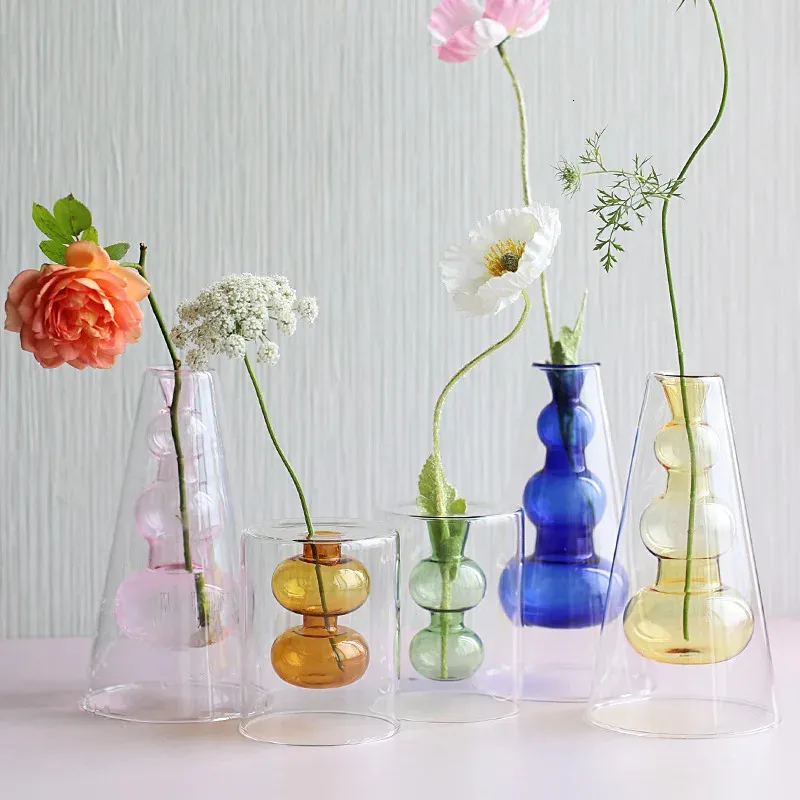 Vaso moderno decoração para casa sala de estar decoração terrário planta vaso de flores decoração cor transparente arte vasos de vidro duplo 240103