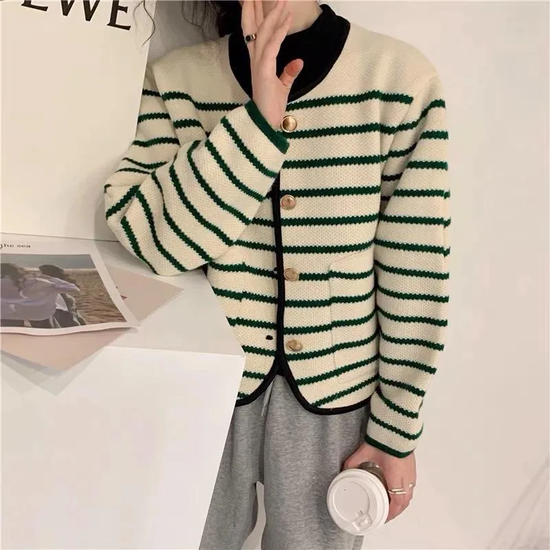 Dress Limiguyue Green Striped Knitted Cardigans Women Elegant Sweater Metal Buttons Tops Vintage Autumn Winter Loose Classic Coats