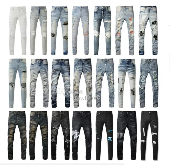 المصمم Amirs الجينز الجينز الأرجواني جينز شارع High Street Hole Star Patch Men Men Amirs Amirs Star Plansers Plansers Stretch Slim-Fit Pants US Size