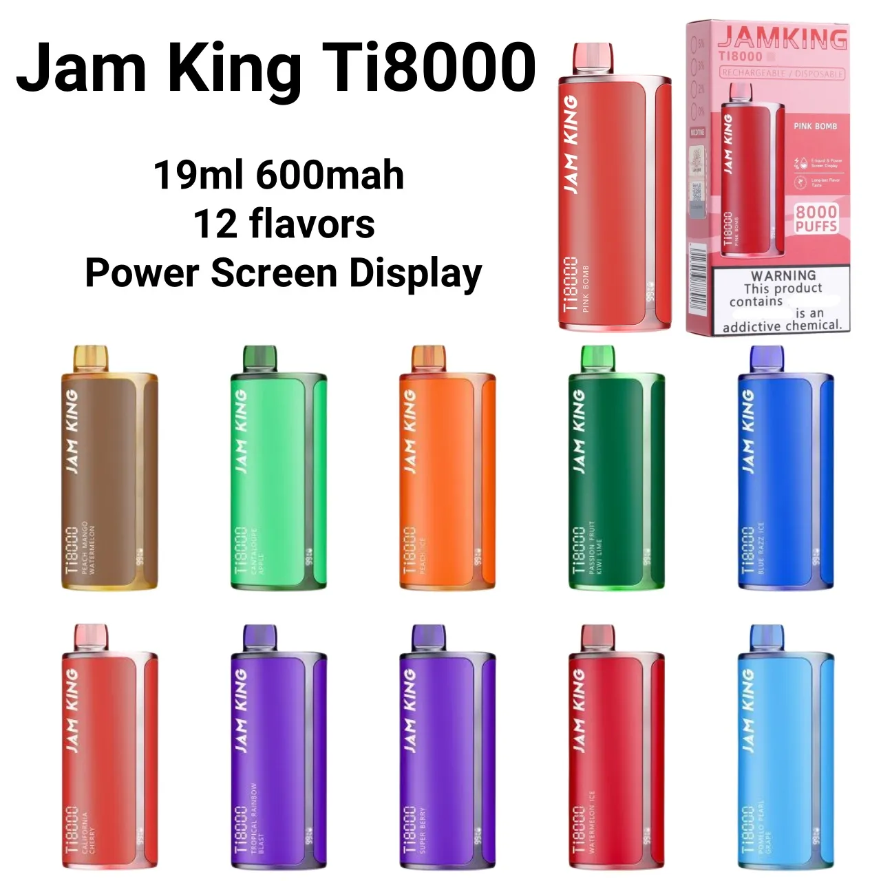 Оригинальная одноразовая электронная жидкость Jam King Ti8000 для вейпа, электронная сигарета, электронная сигарета Einweg Vape Pen, 19 мл, предварительно заполненная батарея емкостью 600 мАч, перезаряжаемая