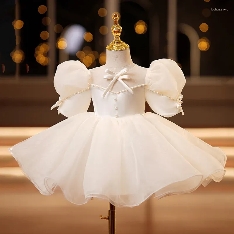 Girl Dresses Puff Sleeve Bow Baby Tutu Dress For Party Wedding Princess 1st Birthday Prom Pearl Toddler Girls