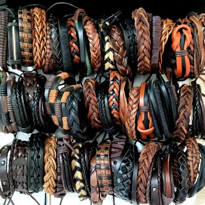 Bangle 50pcs/lot Multilayer Wrap Braided Rope Leather Bracelet Male Female Punk Wristbands Cuff Can Be Adjusted Wholesale Boy Bangles