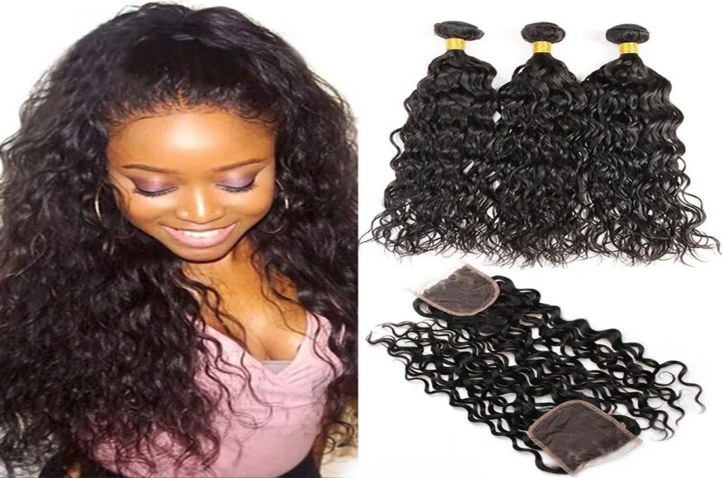 Malaysian Human Hair Water Wave Bundles With 4X4 Lace Closure 4 pieceslot Wet And Wavy Virgin Hair Wefts With Closures2804818