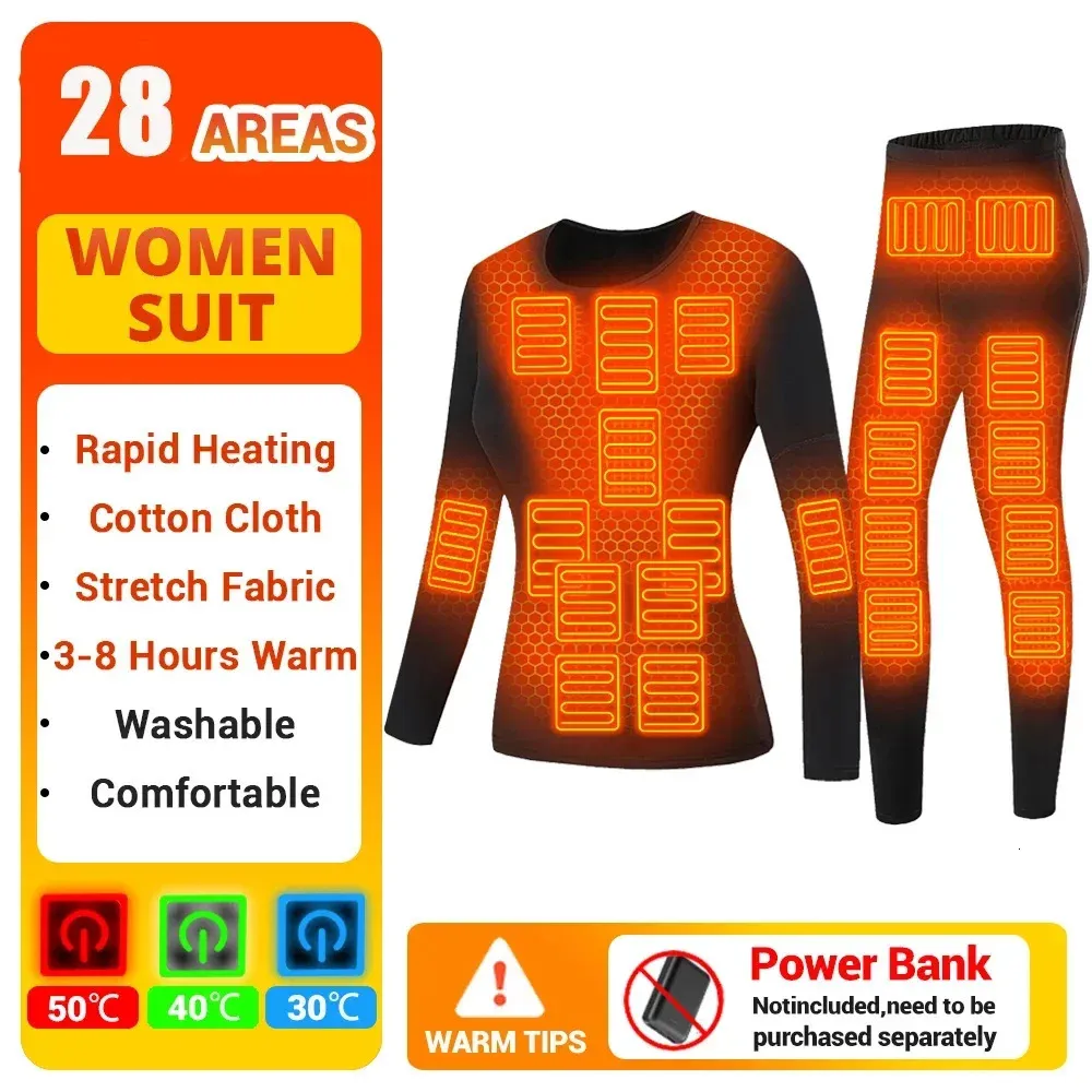 Vinteruppvärmda termiska underkläder Kvinnor Skidkläder Uppvärmning Underkläderdräkt Fleece Warm Top Pants USB Electric Heat Clothing Men 240103