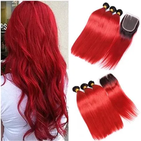 Wefts T1B Red Dark Root Ombre Peruvian Human Hair Weaves 3 Bundles with Closure Straight Ombre Red Bundle Deals with Lace Front Closure