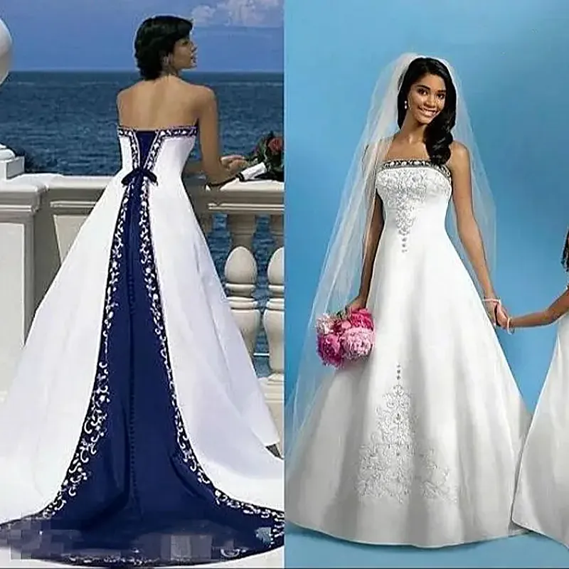 Robe de mariée brodée vintage, bleu marine et blanc, ligne A, sans bretelles, sans manches, longue robe de mariée en satin, train tribunal, style arabe boho, robes formelles de réception pour femmes