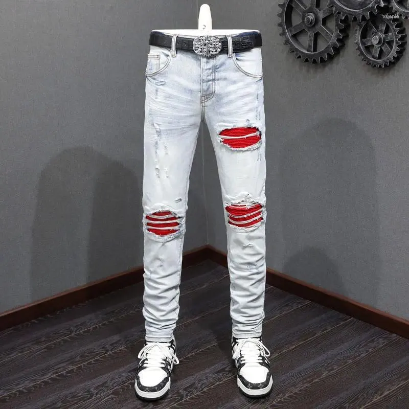 Men's Jeans High Street Fashion Men Retro Light Blue Stretch Skinny Fit Ripped Red Patched Designer Hip Hop Brand Pants