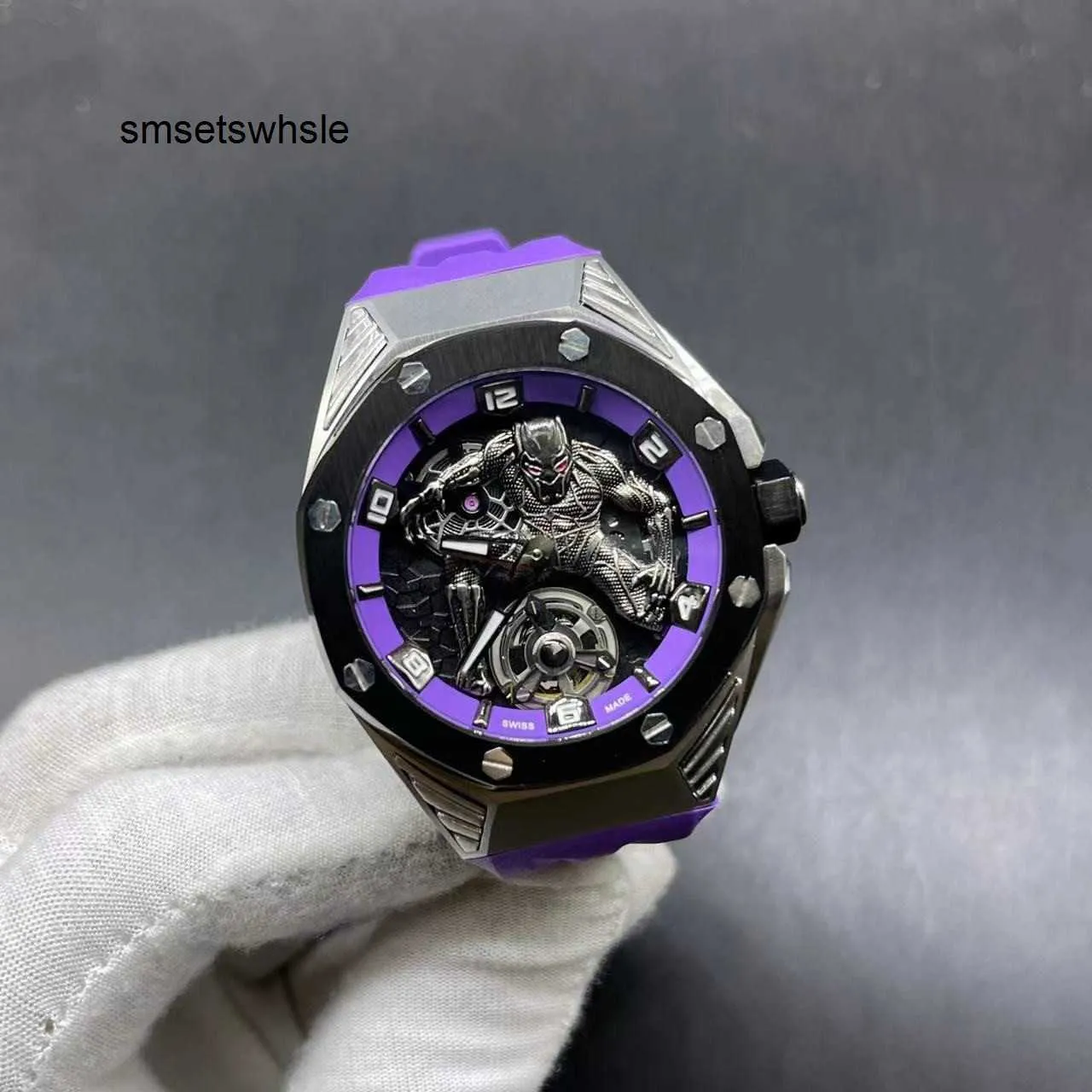 Relógio automático masculino qualidade moda relógio alto 42mm pulseira de borracha roxa inoxidável preto pantera dial mecânico dos homens