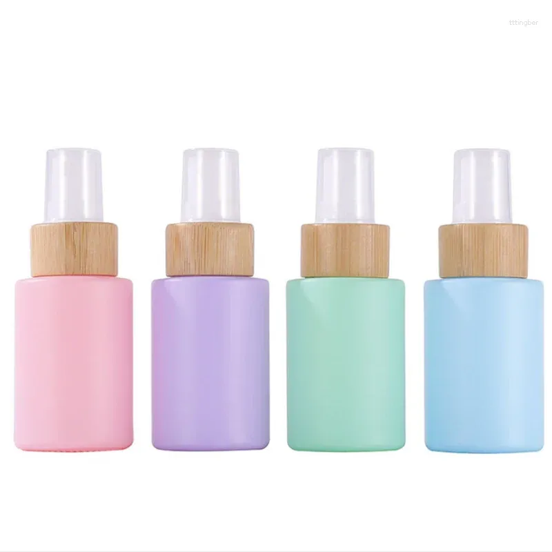 Garrafas de armazenamento 100 pçs/lote 30ml garrafa líquida original macaron cor plana-ombro spray de vidro cosméticos preparação de bambu