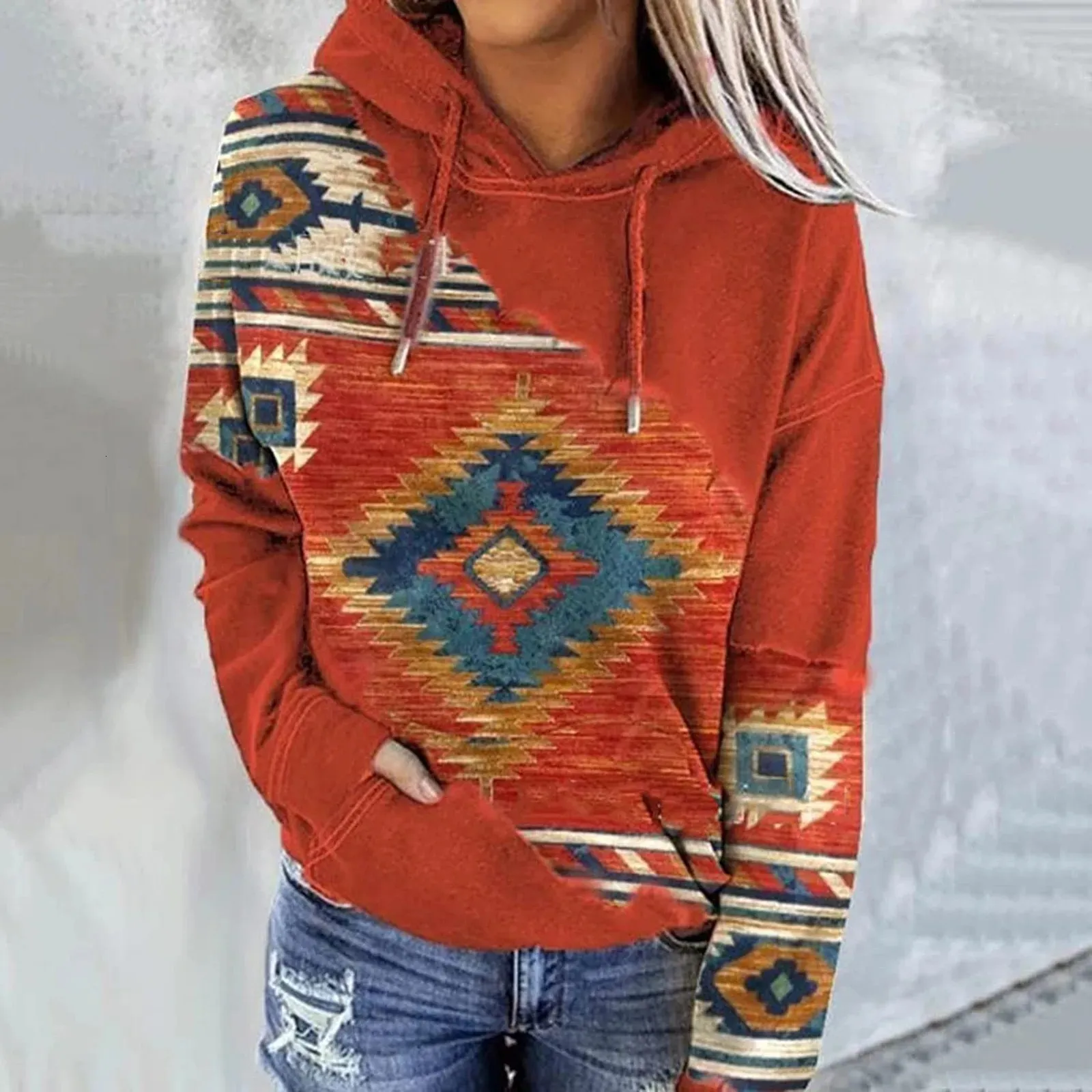 Frauen Hoodies Vintage Boho Gedruckt Mit Kapuze Sweatshirt 2023 Herbst Weibliche Lange Hülse Kordelzug Casual Lose Pullover 240102