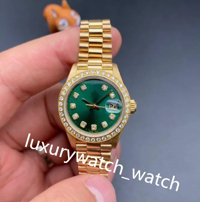 Reloj clásico de lujo para mujer 69178 26 mm Diamante Esfera verde Cristal de zafiro Pulsera automática de acero inoxidable dorado Relojes para mujer