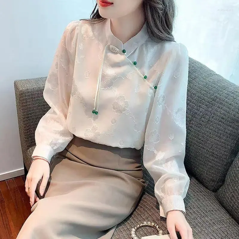 Damesblouses Kleding Lente Herfst Lange mouw Opstaande kraag Vintage Klassieke Folk Chinese stijl Effen kleur Knop gesplitste blouse