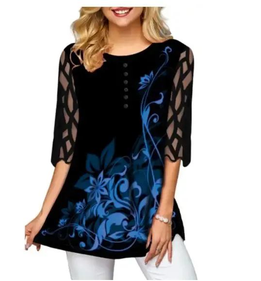Рубашка Блузка размера плюс 5xl Однотонные черные топы с разрезом на шее и сеткой из кружева с половиной рукавом Весна-Лето Повседневная свободная женская одежда 240102