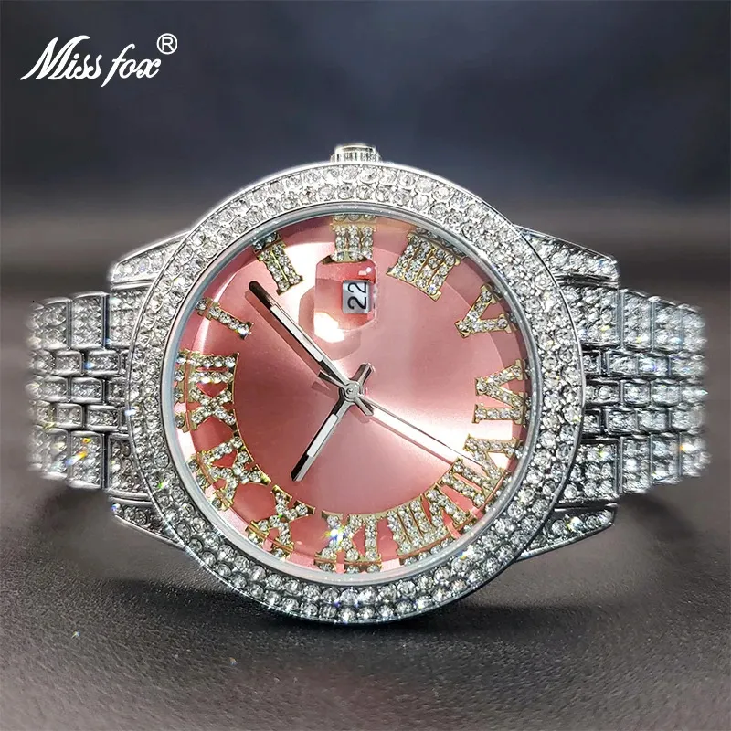 Orologio Uomo Missfox Buzlu Out Drop Diamond Lüks İzle Kadınlar İçin Pembe Parti Elbise Saatler Stil Tarzı Ladies için Sürpriz Hediye 240102