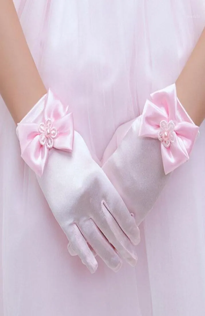 Cinque dita Guanti Lolita Anime Principessa rosa Bambini Ragazze Carino Raso Bowknot Polsini con perle Festa in scena Costume cosplay Po Sparare Prop6433637