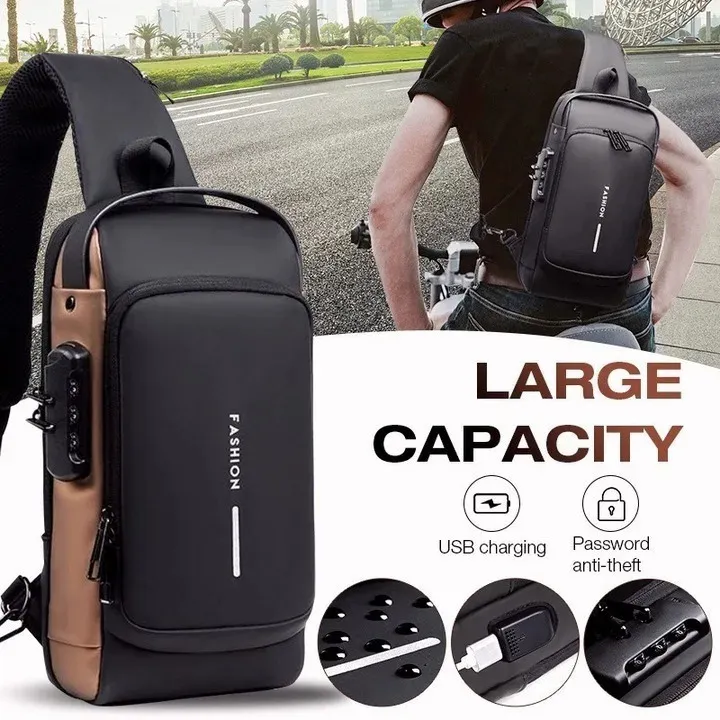 Sac de poitrine multifonction en cuir verni pour hommes, sac à bandoulière étanche antivol, épaule de voyage, chargeur USB, sac à bandoulière de Sport 240102