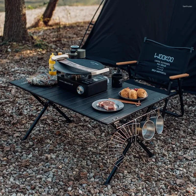 Mobiliário de acampamento Wookoo ao ar livre - / série enegrecida com lado duplo acampamento liga de alumínio rolos de frango mesa dobrável piquenique churrasco