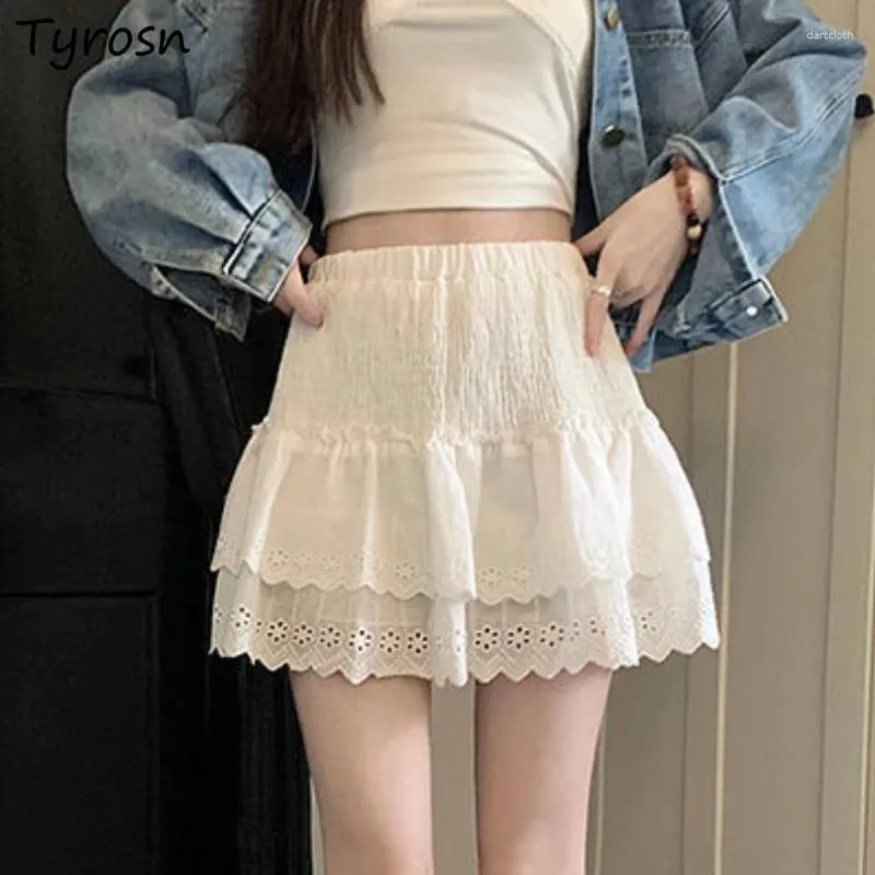 Spódnice białe koronkowe mini -kobiety wysokiej talii Kawaii Teens Spring Summer College Esthetic Estetyczne ubrania w świąteczne suknia balowa streetwearu faldas