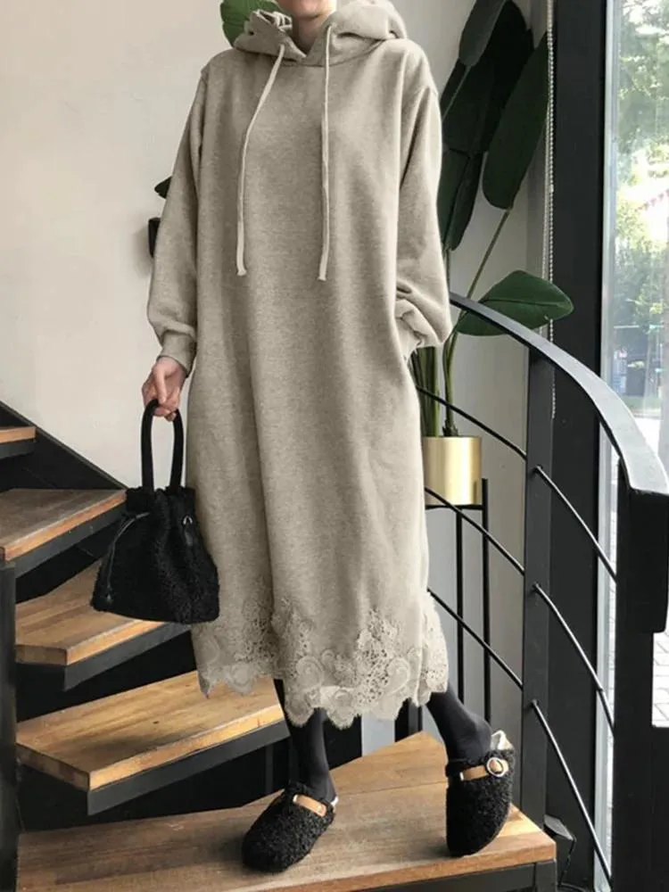 Dresses Women Casual Hooded Dress 2022 VONDA Autumn Lace Sweatshirt Dress Female Casual Warm Vestido Long Sleeve Baggy Sundress Robe