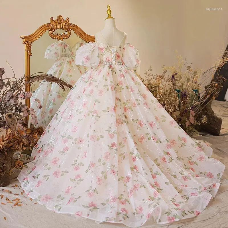 Robes de fille filles rose robe de princesse petits enfants fleur imprimé fête robe de bal adolescent cocktail soirée élégante 10 12 ans