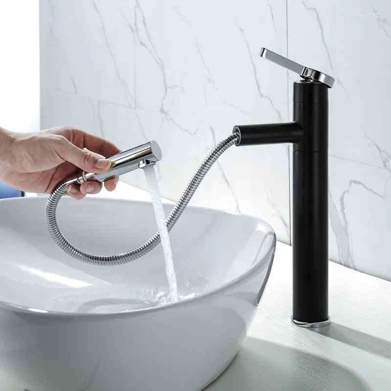 Robinets d'évier de salle de bains, robinet de lavabo extractible noir, robinet mitigeur à arc élevé et eau froide, rotation à 360 degrés